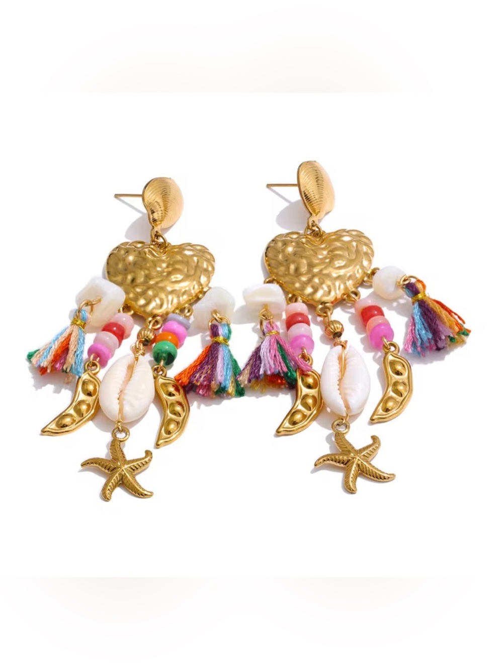 Sara Sotti Gold Heart Multicolor Tassel Shell Drop Earrings